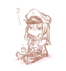Rule 34 | 10s, 1girl, anchor symbol, black pantyhose, blonde hair, blue eyes, breasts, capelet, coffee mug, cup, female focus, gloves, graf zeppelin (kancolle), hair between eyes, hat, highres, jitome, kantai collection, large breasts, long hair, miniskirt, mug, pantyhose, peaked cap, sidelocks, simple background, sitting, skirt, solo, steam, takatsuki nato, translated, twintails, uniform, white background