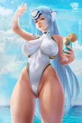 Rule 34 | 1girl, artist logo, bare arms, blue hair, covered erect nipples, cowboy shot, cup, day, forehead protector, gluteal fold, highleg, highleg swimsuit, highres, holding, holding cup, kos-mos, lips, long hair, looking at viewer, nail polish, one-piece swimsuit, outdoors, prywinko, red eyes, red nails, solo, swimsuit, very long hair, water, white one-piece swimsuit, xenoblade chronicles (series), xenoblade chronicles 2, xenosaga