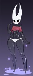 Rule 34 | 1girl, abs, adapted costume, bare shoulders, black skin, blush, breasts, colored skin, crop top, crop top overhang, eye socket, highres, hollow knight, hornet (hollow knight), horns, medium breasts, midriff, navel, nisetanaka, no bra, no feet, no mouth, off shoulder, shiny skin, solo, thick thighs, thighs, underboob, wide hips