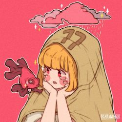Rule 34 | 1girl, artist name, blonde hair, blunt bangs, fish, hanaan, hands up, no nose, open mouth, original, outline, pink background, pink clouds, rain, red eyes, short sleeves, solo, sparkle, tears, upper body, white outline