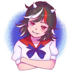 Rule 34 | 1girl, black hair, blush, cone horns, crossed arms, dress, grin, horns, kijin seija, looking at viewer, multicolored hair, puffy short sleeves, puffy sleeves, red eyes, red hair, satsuki mei (17maymay14), short hair, short sleeves, smile, solo, streaked hair, touhou, upper body, white dress, white hair