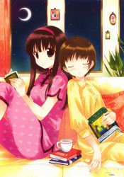Rule 34 | 2girls, book, hairband, highres, moon, multiple girls, pajamas, polka dot, sakura koharu, sleeping, window
