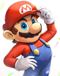 Rule 34 | 1boy, adjusting clothes, adjusting headwear, arm up, baseball cap, blue eyes, brown hair, cowboy shot, facial hair, gloves, gonzarez, hand on own hip, hat, highres, long sleeves, looking at viewer, male focus, mario, mario (series), mustache, nintendo, overalls, red hat, red shirt, shirt, short hair, simple background, smile, solo, standing, white background, white gloves