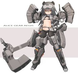 Rule 34 | 1girl, alice gear aegis, axe, closed mouth, commentary request, copyright name, english text, flat chest, full body, grey background, grey hair, hand on own hip, highres, holding, holding weapon, karukan (monjya), long hair, looking at viewer, navel, shinonome chie, smile, solo, standing, v-shaped eyebrows, weapon, white background