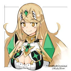 Rule 34 | 1girl, armor, artist request, blonde hair, breasts, cleavage, cleavage cutout, clothing cutout, earrings, gem, headpiece, highres, jewelry, large breasts, mythra (xenoblade), nintendo, solo, swept bangs, tiara, xenoblade chronicles (series), xenoblade chronicles 2, yellow eyes