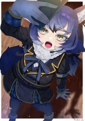 Rule 34 | 1girl, animal ears, black bow, black bowtie, black hair, black jacket, blue bow, blue bowtie, blue hair, blue lips, blue pantyhose, blue shirt, blue skirt, blue trim, blush, bow, bowtie, cellphone, dire wolf (kemono friends), fangs, fur collar, gloves, hair between eyes, hair bow, highres, jacket, juliet sleeves, kedama (ughugjydthjdf), kemono friends, kemono friends v project, long hair, long sleeves, microphone, multicolored hair, open mouth, pantyhose, phone, plaid, plaid skirt, plaid trim, pleated skirt, puffy sleeves, selfie, shirt, sidelocks, skirt, smartphone, solo, tail, two-tone bowtie, white fur, white gloves, wolf ears, wolf girl, wolf tail, yellow eyes