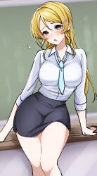 Rule 34 | 1girl, alternate costume, arm support, ayase eli, black skirt, blonde hair, blue eyes, blush, breasts, chalkboard, collared shirt, commentary request, embarrassed, hair between eyes, hair ornament, highres, long hair, looking at viewer, loose necktie, love live!, love live! school idol project, mei hinamatsu, miniskirt, necktie, open mouth, pencil skirt, shirt, sidelocks, skirt, small sweatdrop, solo, thighs, white shirt