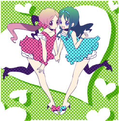 Rule 34 | 2girls, alternate costume, bare legs, blue bow, blue bracelet, blue dress, blue eyes, blue hair, bow, closed mouth, collarbone, commentary request, dress, footwear bow, frilled dress, frills, full body, green background, hair bow, hanasaki tsubomi, heads together, heart, heart background, heartcatch precure!, high heels, holding hands, kasaki takao, kurumi erika, leg up, light blush, light frown, long hair, looking at viewer, low twintails, multiple girls, open mouth, partial commentary, petticoat, pink bow, pink dress, pink eyes, pink hair, pink scrunchie, polka dot, polka dot background, polka dot bow, polka dot dress, polka dot scrunchie, precure, scrunchie, shadow, simple background, sleeveless, sleeveless dress, smile, teeth, twintails, upper teeth only, wavy hair, white footwear, wrist scrunchie