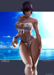 Rule 34 | 1girl, arm at side, bikini, breasts, character name, choker, cleavage, commentary, commission, criss-cross halter, curvy, dark-skinned female, dark skin, english commentary, final fantasy, final fantasy xiv, halterneck, lace bikini, large breasts, legs together, lens flare, letterboxed, navel, necklace, orange eyes, outside border, purple hair, rejean dubois, see-through, short hair, solo, spaghetti strap, square enix, standing, swimsuit, toned, tooth necklace, wet