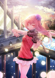 Rule 34 | 1girl, absurdres, backlighting, bare shoulders, bow (music), breasts, building, canal, castle, closed mouth, cloud, cloudy sky, commentary request, day, floating hair, flower, frills, hair flower, hair ornament, highres, holding, holding instrument, holding violin, instrument, keis (locrian1357), light particles, light smile, long hair, miniskirt, music, one eye closed, original, outdoors, pink eyes, pink hair, pink shirt, playing instrument, pleated skirt, railing, rose, shirt, sidelocks, skirt, sky, sleeveless, sleeveless shirt, solo, standing, thighs, transparent, violin, water, white skirt