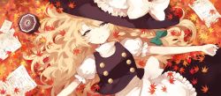 Rule 34 | 1girl, apron, autumn, blonde hair, bow, braid, dress, green bow, hair bow, hat, hat bow, kanyoko (yuzukano 17), kirisame marisa, leaf, light smile, looking at viewer, lying, maple leaf, mini-hakkero, on back, outstretched arms, paper, parted lips, puffy short sleeves, puffy sleeves, short sleeves, single braid, solo, touhou, turtleneck, upper body, waist apron, wavy hair, white bow, witch hat, yellow eyes, yin yang