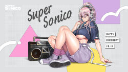 Rule 34 | 1girl, boombox, breasts, casual, character name, colored inner hair, crop top, fingernails, happy birthday, headphones, high ponytail, highres, large breasts, long hair, looking at viewer, multicolored hair, nail polish, nitroplus, official art, open mouth, pink hair, pink nails, red eyes, shirt, shoes, short sleeves, shorts, sitting, sneakers, solo, super sonico, thighs, tsuji santa, two-tone hair, underboob