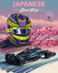 Rule 34 | 2boys, absurdres, andrew mytro, blue helmet, car, cherry blossoms, commentary, driving, english commentary, ferris wheel, formula one, formula racer, george russell, helmet, highres, lewis hamilton, mercedes-amg f1 w14, mercedes-benz, motion lines, motor vehicle, multiple boys, official art, promotional art, race vehicle, racecar, real life, shadow, vehicle focus