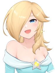 Rule 34 | 1girl, :d, bare shoulders, blonde hair, blue eyes, blush, breasts, closed mouth, collarbone, earrings, hair over one eye, highres, jewelry, long hair, looking at viewer, mario (series), medium breasts, nintendo, off shoulder, open mouth, rosalina, shiny skin, simple background, smile, solo, star (symbol), star earrings, super mario galaxy, tomatomiya, white background