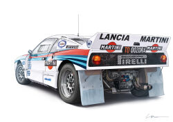 Rule 34 | brembo, car, commentary request, highres, lancia (brand), lancia 037, martini (brand), motor vehicle, no humans, original, pirelli, race vehicle, racecar, rally car, signature, simana, simple background, sponsor, tail lights, vehicle focus, wheel, white background