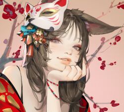 Rule 34 | 1girl, animal ears, black hair, blue flower, bracelet, branch, commentary, dated commentary, english commentary, facial mark, fingernails, flower, fox ears, fox girl, fox mask, hand on own chin, highres, japanese clothes, jewelry, jung wonjo, kimono, lips, long fingernails, long hair, looking at viewer, mask, original, parted lips, pink background, portrait, purple eyes, red flower, red kimono, solo, tassel, teeth, whisker markings, yellow flower