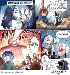 Rule 34 | ..., 2girls, 2others, amiya (arknights), animal ears, arknights, brown hair, candy, doctor (arknights), ear wiggle, ears perk, english text, engrish text, food, frostnova (arknights), gloves, hm (hmongt), hood, hooded jacket, jacket, laser, long hair, multiple girls, multiple others, one eye covered, pointing, rabbit ears, ranguage, reunion soldier (arknights), rubble, speech bubble, spicy, torn clothes, torn gloves, white hair