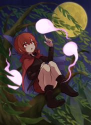Rule 34 | 1girl, :o, black footwear, black shirt, boots, bow, branch, cloak, expressionless, full body, full moon, hair between eyes, hair bow, highres, hitodama, leaf, long sleeves, miniskirt, moon, night, night sky, open mouth, outdoors, pleated skirt, purple bow, red cloak, red eyes, red hair, red skirt, sekibanki, shirt, short hair, sitting, skirt, sky, solo, touhou, tree, yan pai