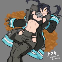 Rule 34 | 1girl, absurdres, angry, bikini, bikini under clothes, black bikini, black hair, breasts, cleavage, clenched teeth, coat, dated, en&#039;en no shouboutai, female focus, fire, gloves, highres, long hair, lying, medium breasts, on back, open clothes, open mouth, pants, rayswords, solo, swimsuit, tamaki kotatsu, teeth, translation request, twintails, yellow eyes