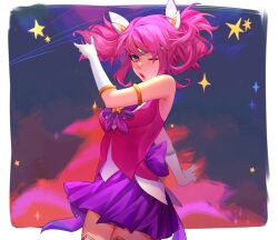 Rule 34 | 1girl, ;o, absurdres, arm up, armlet, bare shoulders, border, bow, bowtie, breasts, cowboy shot, from side, gloves, highres, large breasts, league of legends, lux (league of legends), miniskirt, multicolored background, one eye closed, pink hair, pleated skirt, purple bow, purple bowtie, purple skirt, shiny skin, shirt, skirt, solo, star (symbol), star guardian (league of legends), star guardian lux, twintails, vogel (itsvogelart), white border, white gloves, white shirt