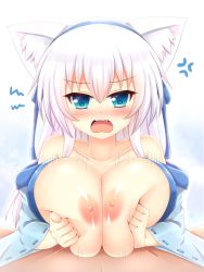 Rule 34 | 1boy, 1girl, anger vein, animal ears, blue eyes, blush, grabbing another&#039;s breast, breasts, breasts out, breasts squeezed together, cat ears, collarbone, fang, grabbing, gradient background, hairband, hetero, highres, japanese clothes, kane-neko, kimono, large breasts, long hair, motion lines, nipples, off shoulder, open mouth, original, paizuri, pov, silver hair, solo focus