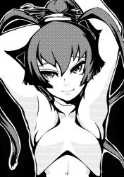 Rule 34 | ar tonelico, ar tonelico iii, finnel (ar tonelico), flat chest, greyscale, gust, hair ornament, lingerie, midriff, monochrome, solo, twintails, underwear
