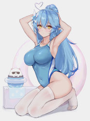 Rule 34 | 1girl, ahoge, armpits, arms up, blue hair, blue one-piece swimsuit, blush, breasts, competition swimsuit, covered navel, daifuku (yukihana lamy), elf, flower, hair flower, hair ornament, haoni, heart, heart ahoge, high ponytail, highres, hololive, kneeling, large breasts, long hair, looking at viewer, one-piece swimsuit, pointy ears, solo, sunglasses, swimsuit, thighhighs, virtual youtuber, white thighhighs, yellow eyes, yukihana lamy
