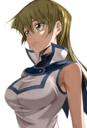 Rule 34 | 1girl, bare arms, bare shoulders, blonde hair, breasts, closed mouth, duel academy uniform (yu-gi-oh! gx), highres, large breasts, lips, long hair, obelisk blue uniform, rourou ill, school uniform, shirt, sleeveless, sleeveless jacket, sleeveless shirt, solo, straight hair, tenjouin asuka, vest, white background, yellow eyes, yu-gi-oh!, yu-gi-oh! gx