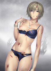 Rule 34 | 1girl, aya brea, bleeding, blood, blue eyes, bra, bracelet, breasts, collarbone, cuts, covered erect nipples, groin, injury, jewelry, kansuke, lingerie, navel, necklace, nipples, panties, parasite eve, parasite eve the 3rd birthday, short hair, small breasts, solo, torn clothes, underwear, underwear only