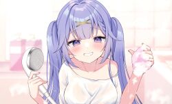 Rule 34 | 1girl, blurry, blurry background, blush, braid, breasts, collarbone, hair ornament, hamico, highres, holding, holding shower head, indie virtual youtuber, long hair, purple hair, second-party source, shirt, shower (place), shower head, smile, solo, twintails, upper body, virtual youtuber, wet, white shirt, x hair ornament, yunico (vtuber)