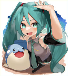 Rule 34 | 1girl, :d, arm up, black footwear, black skirt, blush, boots, collared shirt, commentary, creatures (company), crossover, detached sleeves, from above, game freak, gen 3 pokemon, green eyes, green hair, green neckwear, grey shirt, hatsune miku, highres, long hair, looking at viewer, looking up, necktie, nintendo, open mouth, perspective, pleated skirt, pokemon, pokemon (creature), reirou (chokoonnpu), shiny skin, shirt, skirt, sleeveless, sleeveless shirt, smile, spheal, standing, symbol-only commentary, thigh boots, thighhighs, tongue, twintails, vocaloid