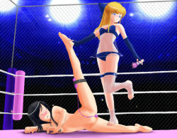 Rule 34 | #13, arena, barefoot, blush, cage, clothed female nude female, domination, feet, femdom, fingerless gloves, gloves, humiliation, lingerie, minako (#13), nanako (#13), nude, public indecency, public nudity, red hair, sex toy, tears, toeless legwear, toes, underwear, vibrator, wrestling, wrestling ring, yuri
