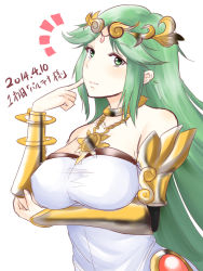 Rule 34 | 10s, 1girl, 2014, bad id, bad nicoseiga id, bare shoulders, breasts, dated, finger to face, green eyes, green hair, hirose geronimo, jewelry, kid icarus, kid icarus uprising, large breasts, long hair, lots of jewelry, matching hair/eyes, necklace, nintendo, palutena, simple background, solo, text focus, tiara, translation request, very long hair