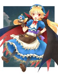 Rule 34 | 1girl, apron, bag, black pantyhose, blonde hair, blue hat, cape, curly hair, dress, frills, full body, gloves, goggles, goggles on head, hand on own hip, hat, hip focus, loafers, long hair, marivel armitage, michii yuuki, pantyhose, pointy ears, red eyes, shoes, smile, solo, vampire, wild arms, wild arms 2