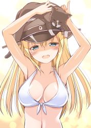Rule 34 | 10s, 1girl, armpits, arms up, bikini, bismarck (kancolle), blonde hair, blue eyes, blush, breasts, cat, cleavage, front-tie top, hat, highres, kantai collection, large breasts, long hair, military hat, ohta yuichi, open mouth, peaked cap, smile, solo, swimsuit, unsinkable sam, white bikini
