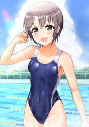 Rule 34 | 1girl, blue one-piece swimsuit, blue sky, blush, breasts, cloud, collarbone, commentary request, competition swimsuit, covered navel, cowboy shot, day, dot nose, fence, grey eyes, grey hair, groin, hair between eyes, hand up, highleg, highleg swimsuit, highres, idolmaster, idolmaster cinderella girls, looking at viewer, one-piece swimsuit, ookami maito, open mouth, otokura yuuki, outdoors, pool, short hair, skin tight, skindentation, sky, small breasts, smile, solo, swimsuit, thighs, water, wet