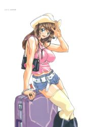 Rule 34 | 1girl, arm up, bag, belt, black footwear, boots, bracelet, breasts, briefcase, brown hair, cowboy hat, dated, earrings, feet out of frame, handbag, hat, highres, hoop earrings, jewelry, large breasts, long hair, looking at viewer, luggage, midriff, original, page number, ring, shiny skin, shorts, simple background, solo, thighhighs, umetsu yukinori, waving arm, white background, yellow thighhighs