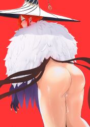 Rule 34 | 1girl, absurdres, ass, bird, blush, crane (animal), cum, cum in pussy, fate/grand order, fate (series), hat, highres, huge ass, looking at viewer, miss crane (fate), non-web source, purple eyes, pussy, puzenketsu, red background, red hair, witch hat
