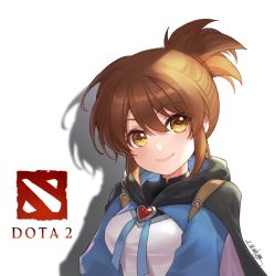 Rule 34 | 1girl, black cape, brown eyes, brown hair, cape, copyright name, dota (series), dota 2, highres, jokanhiyou, long hair, long sleeves, marci (dota), ponytail, shadow, signature, simple background, smile, solo, upper body, white background