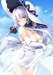Rule 34 | 1girl, azur lane, bare shoulders, bit (keikou syrup), blue eyes, blue sky, blush, breasts, cleavage, closed mouth, day, dress, elbow gloves, garter straps, gloves, hair ornament, hat, highres, illustrious (azur lane), large breasts, long hair, looking at viewer, outdoors, short dress, silver hair, sky, smile, solo, sun hat, thighhighs, very long hair, white dress, white gloves, white thighhighs