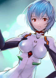 Rule 34 | 1girl, ayamix1020, ayanami rei, blue hair, blurry, blurry background, bodysuit, breasts, commentary, dutch angle, green background, hair between eyes, hand on own hip, hand up, highres, interface headset, looking ahead, medium breasts, neon genesis evangelion, parted lips, pilot suit, plugsuit, red eyes, short hair, sketch, solo, upper body, white bodysuit