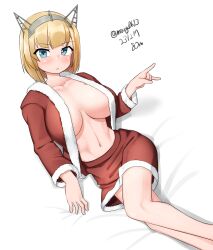 Rule 34 | 1girl, absurdres, alternate costume, blonde hair, blue eyes, breasts, collarbone, dated, fur-trimmed shirt, fur-trimmed skirt, fur trim, headgear, highres, kantai collection, large breasts, lying, maru (marg0613), miniskirt, on side, one-hour drawing challenge, open clothes, red shirt, red skirt, rodney (kancolle), shirt, short hair, simple background, skirt, solo, twitter username, white background
