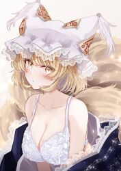 Rule 34 | 1girl, absurdres, animal ears, blonde hair, blush, bra, breasts, cleavage, closed mouth, collarbone, fox ears, fox tail, hat, highres, large breasts, looking at viewer, mob cap, multiple tails, sarasadou dan, short hair, solo, tail, touhou, underwear, upper body, white bra, white hat, yakumo ran, yellow eyes