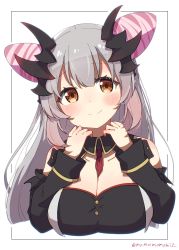 Rule 34 | 1girl, nanashi inc., absurdres, bare shoulders, between breasts, black dress, black sleeves, blush, breasts, brown eyes, cleavage, closed mouth, commentary request, cone hair bun, cropped torso, dress, gradient hair, grey hair, hair bun, hands up, head tilt, highres, honey strap, large breasts, long hair, long sleeves, multicolored hair, necktie, necktie between breasts, okota mikan, outline, pink hair, red necktie, simple background, smile, solo, suou patra, twitter username, upper body, very long hair, virtual youtuber, white background, white outline