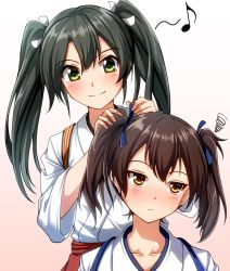 Rule 34 | 2girls, alternate hairstyle, brown eyes, brown hair, collarbone, commentary request, eighth note, expressionless, gradient background, green eyes, grey hair, hakama, hakama short skirt, hakama skirt, japanese clothes, kaga (kancolle), kantai collection, long hair, looking to the side, matching hairstyle, multiple girls, musical note, pink background, red hakama, skirt, squiggle, tasuki, twintails, tying hair, upper body, white background, zanntetu, zuikaku (kancolle)