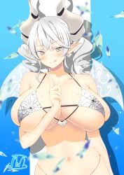 Rule 34 | 1girl, absurdres, bikini, blush, breasts, cleavage, demon girl, demon horns, demon wings, duel monster, grey eyes, highres, horns, large breasts, looking at viewer, lovely labrynth of the silver castle, pointy ears, smile, solo, spider web print, swimsuit, tama (druid22), twintails, white hair, white horns, wings, yu-gi-oh!