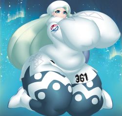 Rule 34 | 1girl, absurdres, black thighhighs, blue eyes, blue hair, boots, breasts, closed mouth, creatures (company), earrings, full body, fur collar, fur trim, game freak, gigantic breasts, hat, highres, jacket, jewelry, kneeling, kyelyn, long hair, long sleeves, looking at viewer, melony (pokemon), multicolored hair, nintendo, pearl earrings, plump, pokemon, pokemon swsh, shorts, silver hair, sky, smile, solo, sportswear, star (sky), starry sky, thighhighs, two-tone hair, white footwear, white hat