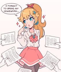 Rule 34 | 1girl, black pantyhose, blonde hair, blue eyes, bow, cremanata, earrings, english text, highres, holding, holding paper, jewelry, long hair, mario (series), nintendo, pantyhose, paper, pink bow, pink skirt, ponytail, princess peach, school uniform, shirt, simple background, skirt, speech bubble, sphere earrings, super mario bros. 1, white background, white shirt