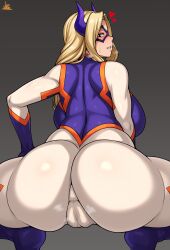 Rule 34 | 1girl, absurdres, ass, back, blonde hair, boku no hero academia, heart, highres, horns, jmg, long hair, looking at viewer, mount lady, solo, squatting