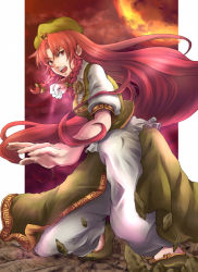 Rule 34 | 1girl, bad id, bad pixiv id, braid, chinese clothes, female focus, fighting stance, hat, hong meiling, long hair, pants, pokimari, red eyes, red hair, shoes, solo, touhou, twin braids